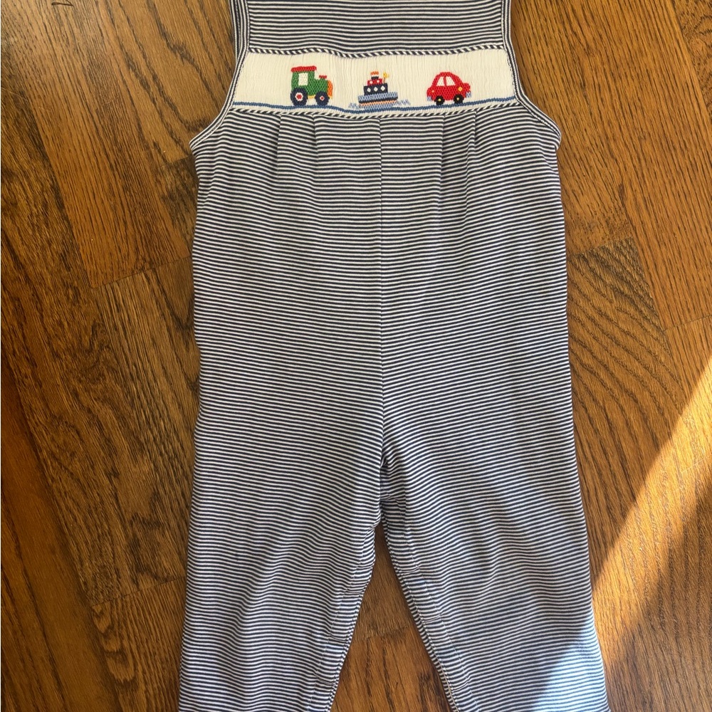 Petit Bebe Striped Overalls with Vehicle Design